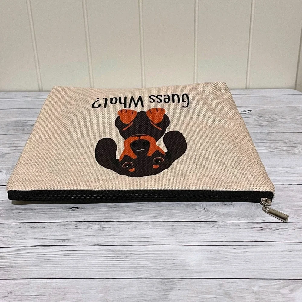 Guess What Dachshund Butt Cosmetic Bag Linen Zipper Pouch Beige Weiner Dog